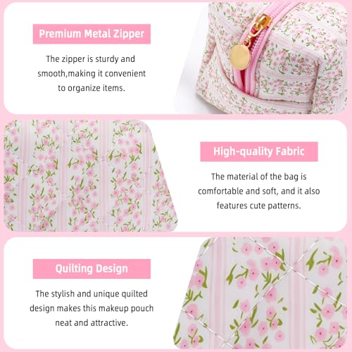 Small Makeup Bag Quilted Cosmetic Bag Floral Travel Toiletry Bags for Women Cute Pencil Case Quilted Makeup Pouch Aesthetic Coquette Cosmetic Pouch Cotton Make Up Bags Cute Zipper Pouches Pink - color: Aa-pink flower