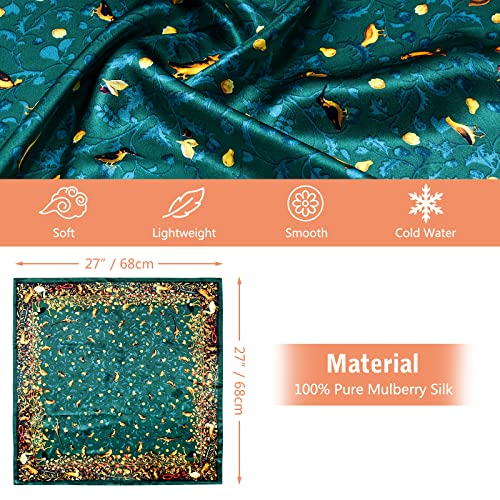 Stlvoll 100% Silk Head Scarf for Women - 27" Hair Scarves Satin Bandanas Square for Night Sleeping with Gift Packed - color: Green/Yellow/Bird