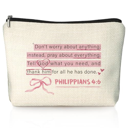 Pink Christian Makeup Bag & Travel Pouches for Toiletries, Bible Verse Pink Bow Cosmetic Bag for Women, Christian Gifts for Women, Religious Scripture Small Toiletry Bags Zipper Makeup Pouch - color: 00-PHILIPPIANS 4:6 (Bible)