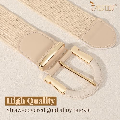 JASGOOD Straw Woven Belt for Women Dresses Boho Elastic Braided Belt Rattan Raffia Belts Ladies Wide Belt,1.97" Width - color: B-beige, size: Fit waist size 30"-35"