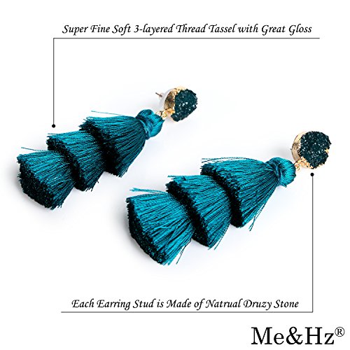Me&Hz Colorful Layered Tassel Earrings Bohemian Statement Tiered Tassel Big Dangle Drop Earrings for Women Druzy Studs Valentine’s Day Gift - color: Peacock blue