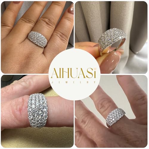 Wide Wedding Bands for Women Cubic Zirconia Engagement Bridal Eternity Stackable Rings White Gold Size - color: Silver