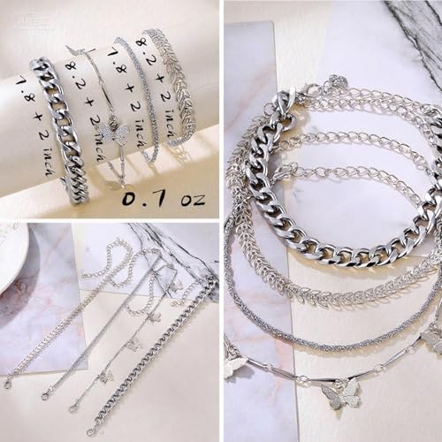 IFKM Gold Chain Bracelets Set for Women, 14K Gold Plated Multiple Layered Stackable Open Cuff Bangle Bracelet Anklet Bracelets Adjustable Link Tennis Beads Italian Cuban Jewelry for Women Gift - style: 24PCS Silver Set