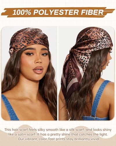 Mesovor 35” Square Head Scarf for Women, 3 Pack Like Silk Satin Headscarf Hair Neck Scarf Top Bandanas for Sleeping - color: Small Leopard(gray/Coffee/Camel)