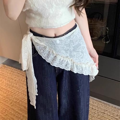 Women's Floral Lace Triangle Hip Scarf Head Kerchief Tie Waist Belt Sheer Hip Wrap Boho Head Scarf Hair Accessory - color: Z3-apricot