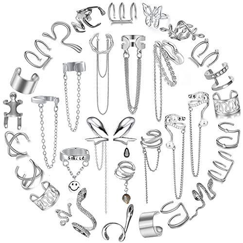 35 PCS Gold Silver Adjustable Ear Cuffs Earrings for Women Non-Piercing Cartilage Clip on Earrings Wrap Ear Jewelry Set,Punk Snake Butterfly Claw Stud Earrings for Women Gift - color: Silver