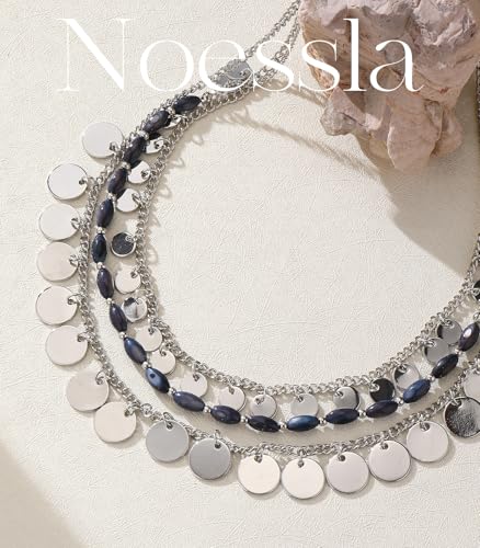 Noessla Layered Beaded Chunky Necklace for Women Boho Two-color Shell Statement Necklace Fashion Collar Costume Jewelry Gifts for Mum - color: 94-Navy Blue