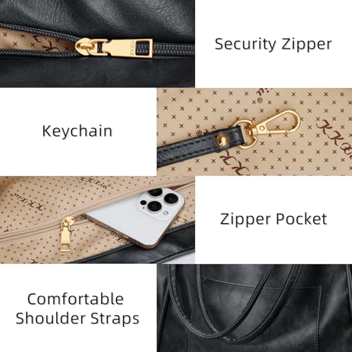 KKXIU Large Tote Bag for Women with Zipper Work Leather Travel Purse and Handbags - color: Black02
