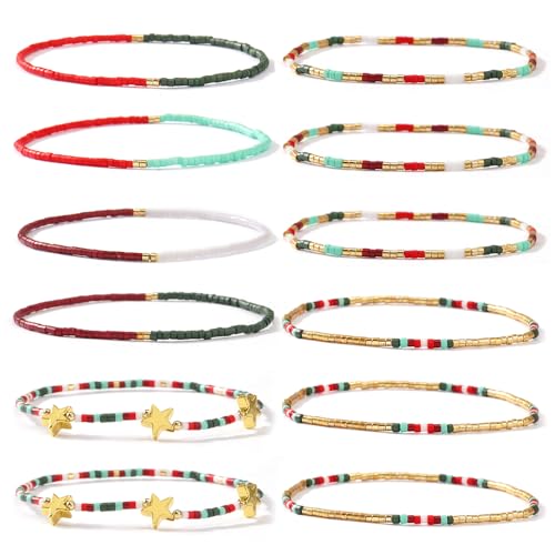 Dainty Gold Beaded Star Bracelets Stack for Women,Handmade Boho Colorful Beads Bracelet Fashion Prom Holiday Jewelry Gift Friendship Family - color: Christmas-3