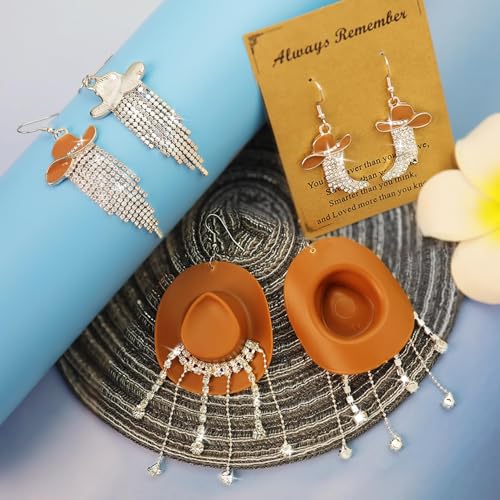 RechicGu 3 Pairs Western Cowgirl Cowboy Hat Earrings Set Silver Symmetric Boots Sparkly Rhinestone Tassels Drop Dangle Rural Culture Earrings Set For Women - color: Silver Boots,Brown Hat