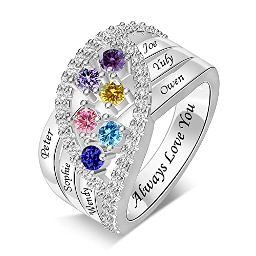 Personalized Name Family Rings Custom 1-6 Birthstones Mother's Rings Sterling Silver Promise Ring for Mother's Day Daughter Grandma Women - color: 6 Stones