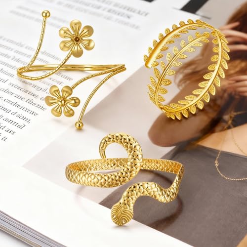 Arm Cuff Jewelry for Women Adjustable Flower Cuff Bangle Bracelet Gold Armband Upper Jewelry Gifts for Women Boho Western Accessories - color: C1:3pcs gold arm cuff