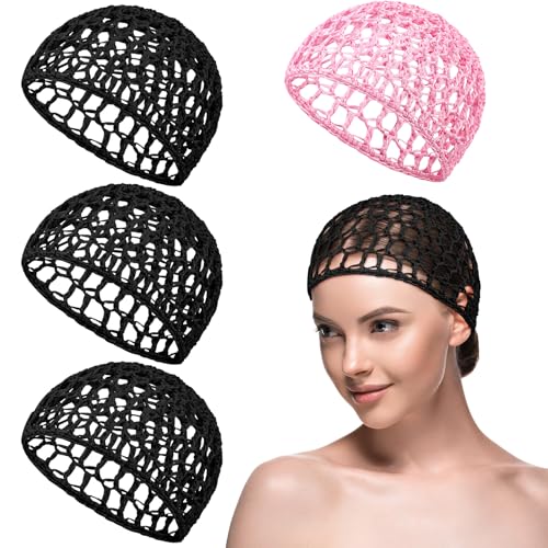 Geyoga 4 Pieces Mesh Crochet Hair Net Rayon Knit Snood Hat Thick Short Women Hairnet Snoods Cover Ornament for Sleeping (Pink,Black) - color: Pink,black