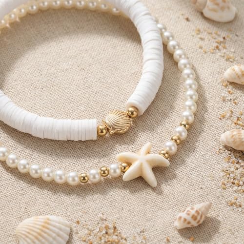 Boho Beads Beach Layered Anklet Set for Women, Handmade Gold Starfish Pearl Shell Anklets Summer Ocean Accessories Jewelry Gift - color: White
