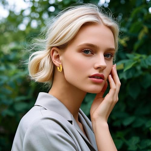 Stainless Steel Hoop Earrings for Women Gold Tone Geometric, Huggie Heart Twisted Minimalist Engraved Designs for Daily Wear - color: Gold05_13mm*14mm