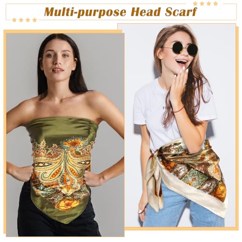 JATEBI 27''/35'' Women Large Satin Scarf Silk Feel Square Wraps Big Hair Bandanas Vintage Print Solid Color Bandana Scarves - color: Pink, Red, White, Orange, Green, Black Classic, size: 35'' Large