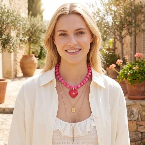 Elegance 11 designs Chunky Heart Necklace for Women, Colorful Acrylic Beaded Statement Puff Heart Necklace, Cute Boho Y2K Choker Necklace for Gift Jewelry - color: Rose