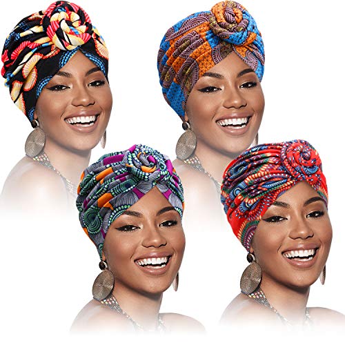 SATINIOR 4 Pieces African Pattern Headwrap Pre-Tied Bonnet Turban Knot Beanie Cap Headwrap Hat - style: Flower Style
