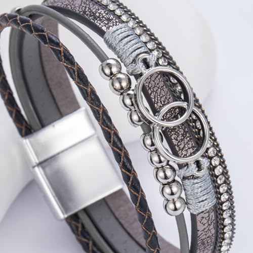 FANCY SHINY Boho Leather Wrap Bracelet Stackable Infinity Chunky Cuff Bracelets Western Hippie Outfits Jewelry Valentine Gifts for Women - color: Grey
