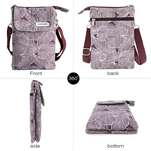 Roomy Cell Phone Purse Wallet Canvas Small Crossbody Purse Bags with Shoulder Strap For Women teen girlsl | Roomy - color: A-wine Red/Purple Leaves