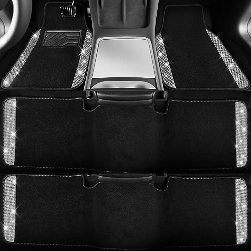CAR PASS 3 Row Bling Diamond Car Mats Shining Carpet Rhinestones Sparkly Glitter Floor Mats Anti-Slip PVC Heel Pad Universal for Automotive SUV,Sedan,Van, 3rd Row 2 Rear for Girl Women, Black Silver - color: Black White
