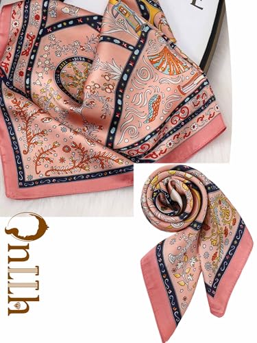 Silky Scarf for Women Lightweight Satin Bandanas Neck Hair Wrap For Sleeping Head Scarves 27.5" - color: A23 Pink Retro Elements/27.5"