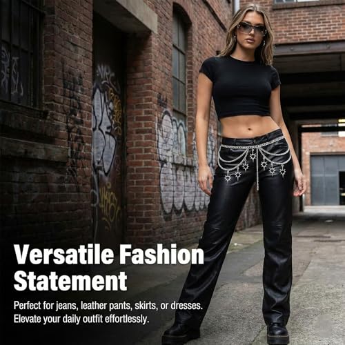 Star Waist Chain Belt for Women Punk Gothic Crossover Body Belly Chains Tassel Adjustable Metal Plus Size Waist Chain Fashion Decorative Accessories for Jeans Dresses Girls Gifts