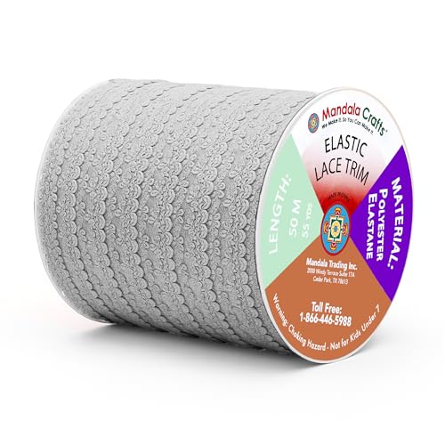 Mandala Crafts Gray Stretch Lace Soft Elastic Trim Roll - 55 Yards 1 Inch Wide Stretchy Frilly Picot Ribbon for Sewing Lingerie, Headbands, Underwear, and Crafts - color: Gray