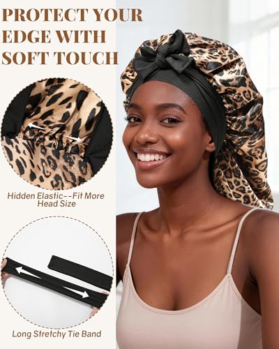AWAYTR Long Satin Bonnet for Braids - Elastic Silk Hair Bonnets for Sleeping Night Cap Stretchy Tie Band for Women（Leopard） - color: Leopard
