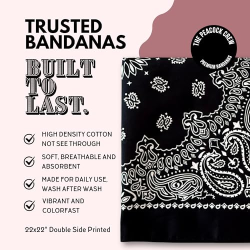 The Peacock Crew Premium Soft Cotton Bandanas Pack for Men and Women Paisley 22 x 22 inches - color: Pack of 10 Black White