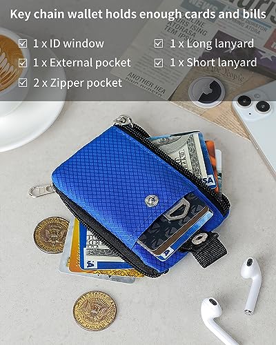 Artpaxy Minimalist Wallet For Mens Womens, Keychain RFID Blocking Zipper Small Wallet with ID Window 2 Lanyards,Water Resistant Travel Cash Card Coin Case Boys Girls - color: Blue, style: Classic