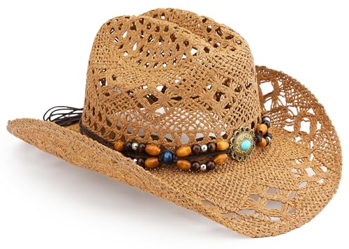 Straw Cowboy Hat, Western Cowgirl Hat, Wide Brim Sun Beach Hat for Men and Women - color: Khaki-m27