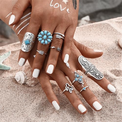 Bohemian Turquoise Ring Set for Women,Vintage Gem Turquoise Opal Joint Knuckle Stackable Rings Chunky Boho Midi Ring Pack Punk Western Ring Mixed Size - style: Style D