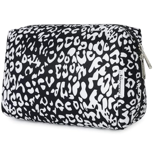 Narwey Cute Cheetah Makeup Bag Travel Cosmetic Bag Organizer Toiletry Bag Make Up Bags with Compartments for Women (Large, Black Leopard-1) - color: Black Leopard-1, style: Large