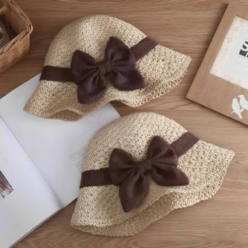 Womens Straw Hat Foldable Wide Brim Floppy Beach Sun Hats, Bucket Cap with Bowknot for Girls - color: Beige