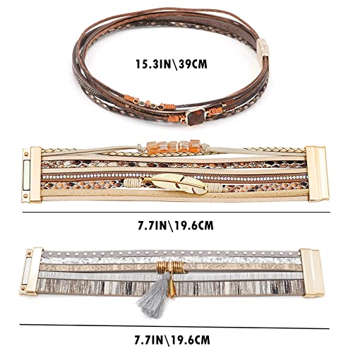 Leather Wrap Bracelet Set 3Pack Wrist Cuff Bracelet for Women Multilayer Magnetic Clasp Bracelet Feather Tree Bead Crystal Bracelet - color: Crystal Tassel