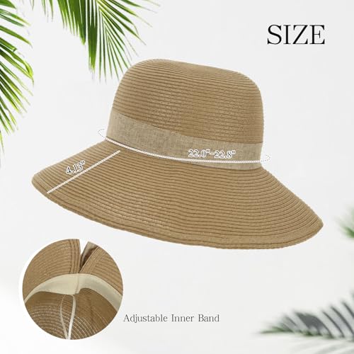 Beach Hats for Women Summer Straw Sun Hats Wide Brim Hat Foldable Packable for Travel Vacation - color: Khaki