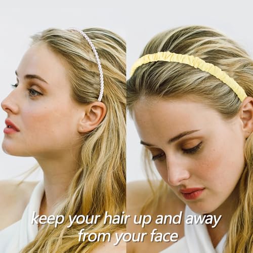 VELSCRUN Headbands for Women 7 Pcs Different Yellow Fashion Knotted Solid Head Bands Pearl Headband Non Slip Hair Band for Womens Gilrs Thin Thick Short Hair Face Wash Hair Accessories - color: Gold Yellow