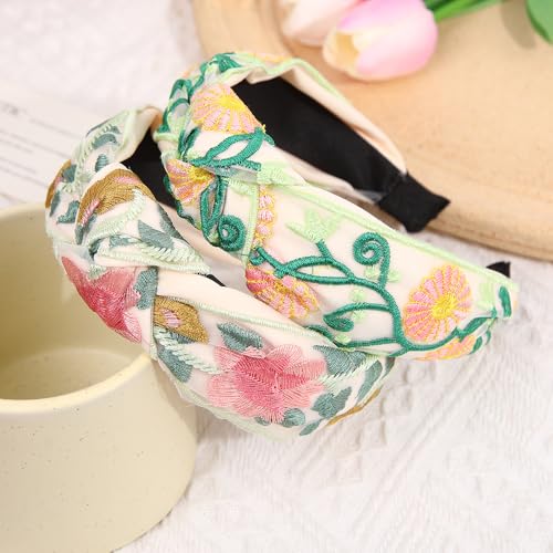 TURTLEDOVE 2 PCS Celtic Flowers Embroidered Headbands, White with Multicolor Flowers, Knotted Design, Wide Fashion Hair Accessory (Green) - color: Green