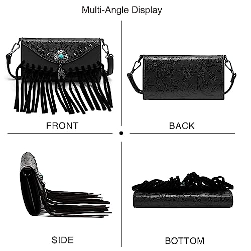 LAVAWA Small Crossbody Bags for Women Crossbody Handbag Fringe Purse Tassel Shoulder Bag Turquoise Concho Wallet - color: Western Black