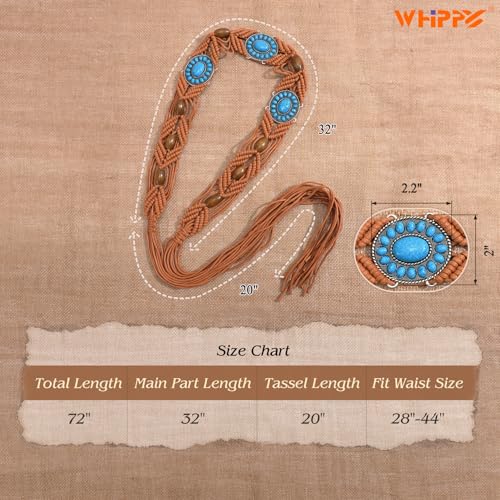 WHIPPY Boho Turquoise Belt for Women Wax Rope Braided Waist Belt Western Hand-Woven Bead Tassel Belts for Dress, 2” Wide - color: Brown