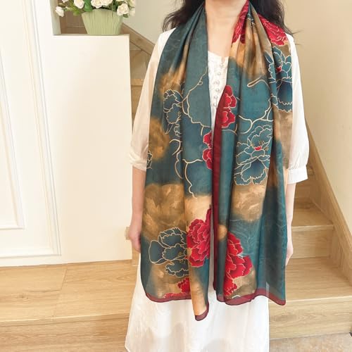 Long Silk Like Scarf Lightweight Satin Scarves Large Sunscreen Shawl Wrap for Women - color: 013.flowers Red and Blackish Green