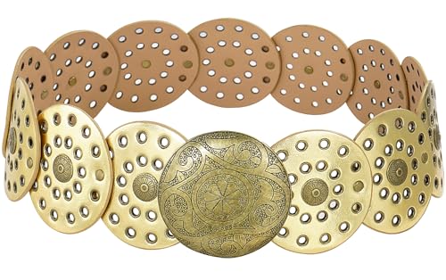 Wide Disc Belt for Women Vintage Leather Hollow Out Round Belt Western Waist Belt - color: Copper Gold, size: M (47.2 in)