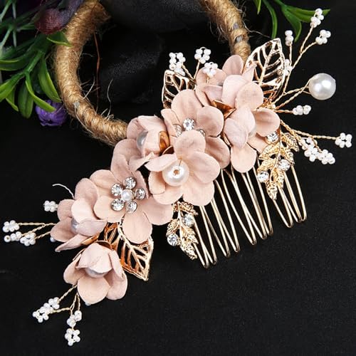 Floral Hair Comb Set for Women - 10PCS Bridesmaid Hair Accessories with Pink Flower Hairs Pins, Victorian Hair Clips for Wedding, Prom, Mother of Bride, Flower Girl (Rose Gold, Fake Flowers) - color: Pink