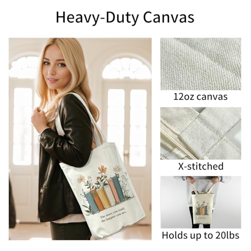 itgowisa Canvas Tote Bag for Women, Tote Bag with Zipper Inner Pocket, Zippered Canvas Bag for Shopping Work Grocery Everyday - style: Bookish