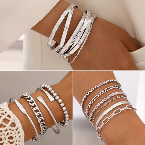 FAXHION 68 Pcs Gold Jewelry Set for Women with 7 Necklace, 17 Bracelet, 5 Hoop Earrings, 15 Stud Earrings, 24 Knuckle Rings for Women Jewelry Set for Women Gift - color: silver jewelry set