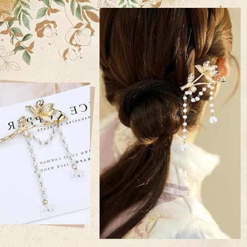 10 Pack Retro Gold Metal Long Hair Sticks Pins with Pearl Jade Dangles Tassels Pendants Chinese Hanfu Asian Flower Butterfly Hair Chopsticks Hair Picks Bun Forks Holders Hairpins