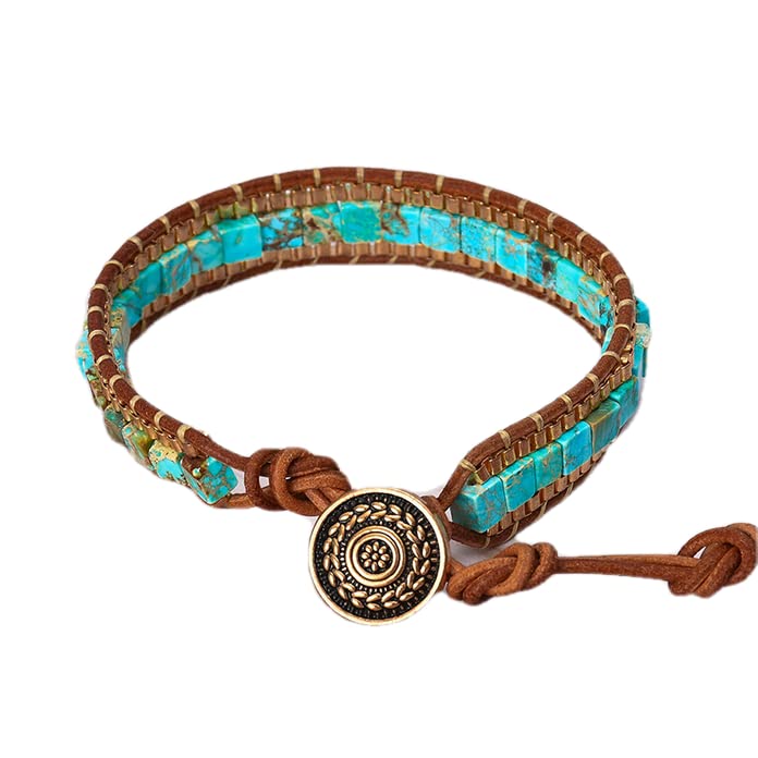 Mens Genuine Leather Bracelet - Handmade Adjustable Leather Cuff Bracelet punk Style leather wrap Wristband for Men - color: W-Turquoise Bead