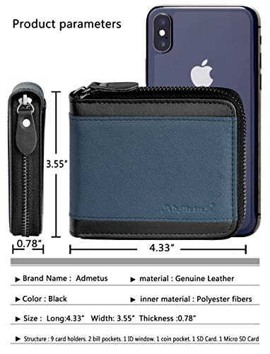 Admetus Mens RFID Blocking Wallets Zipper Leather Wallet for Men Bifold RFID Card Holder - color: Black-19