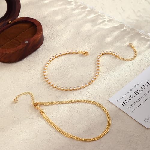 2/3 PCS Gold Anklets for Women Waterproof Cuban Link Anklet Beaded Bracelets Stackable Bracelets 14K Gold Plated Custom Jewelry Gifts Non Tarnish Lightweight - style: Gold Anklet 10